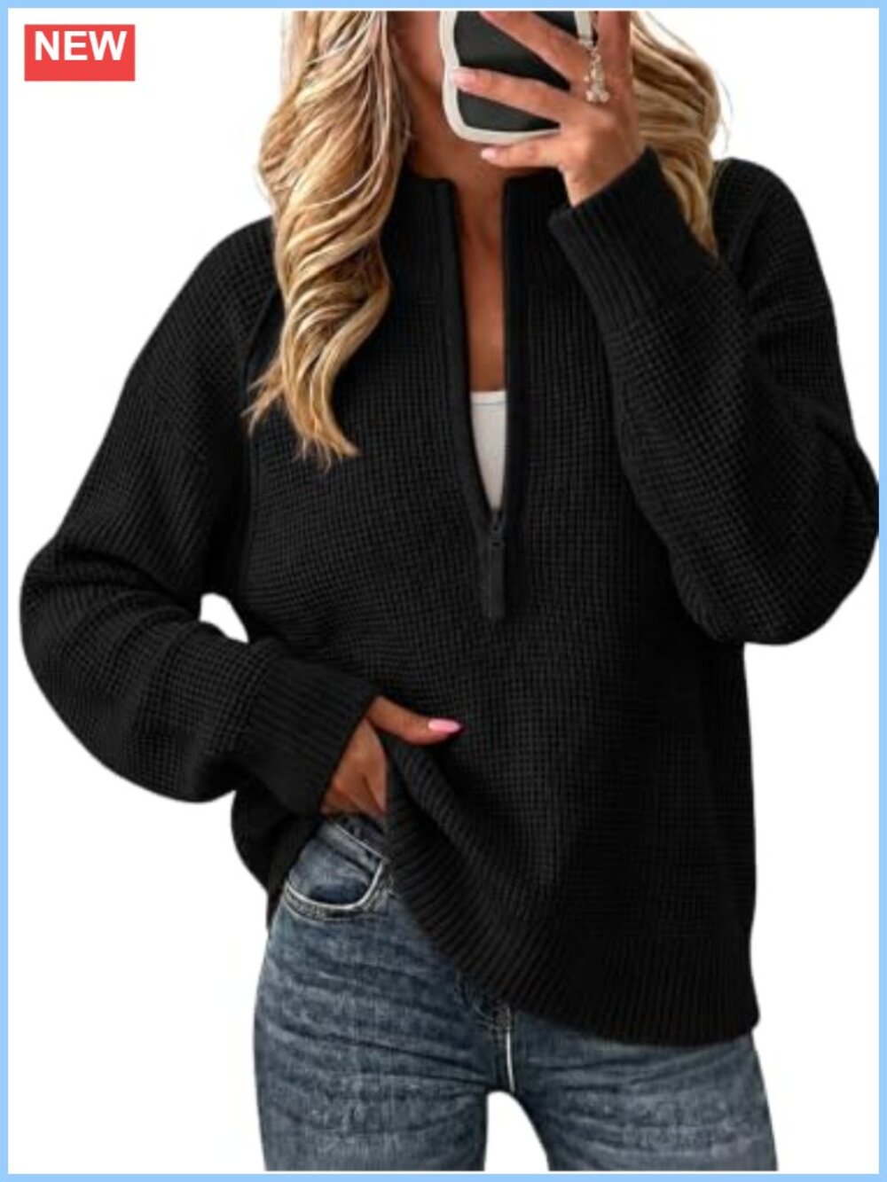 Waffle Knit Quarter Zip Pullover Sweater with Thumb Hole Long Sleeve